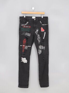 LIFTED ANCHORS Men's Distressed Graphic Black Jeans Size 34